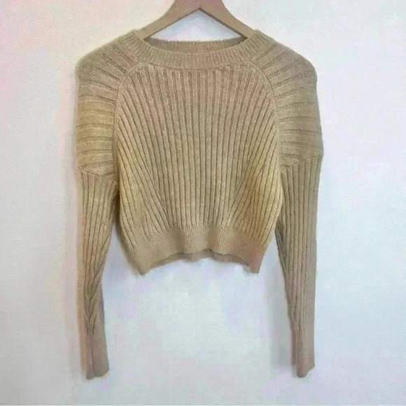 Sofie Rue Cropped Ribbed Tan Crew Neck Sweater Size Small - Picture 2 of 12